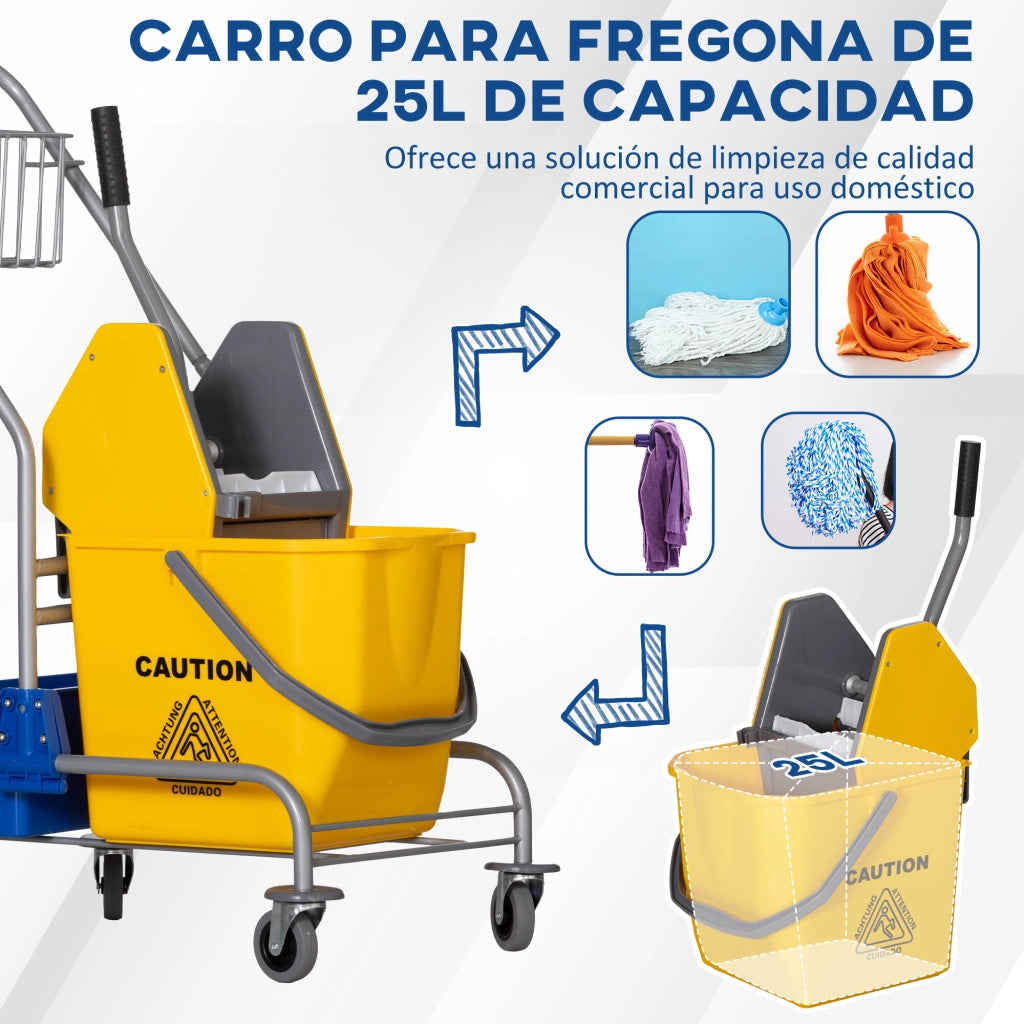 Carrello Pulizia con 2 Secchi 25L Scopa e Scaffali ¨C zephmum ¨C Giallo 72x49,5x95 cm