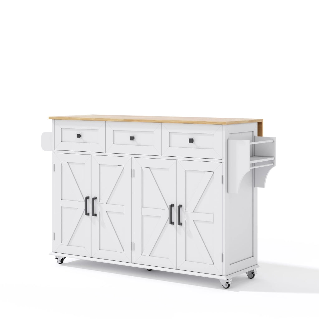 Isola da Cucina Mobile 140x43/70x90;5 cm Bianca con Piano Ribaltabile; 3 Cassetti; 4 Ante e 5 Ruote
