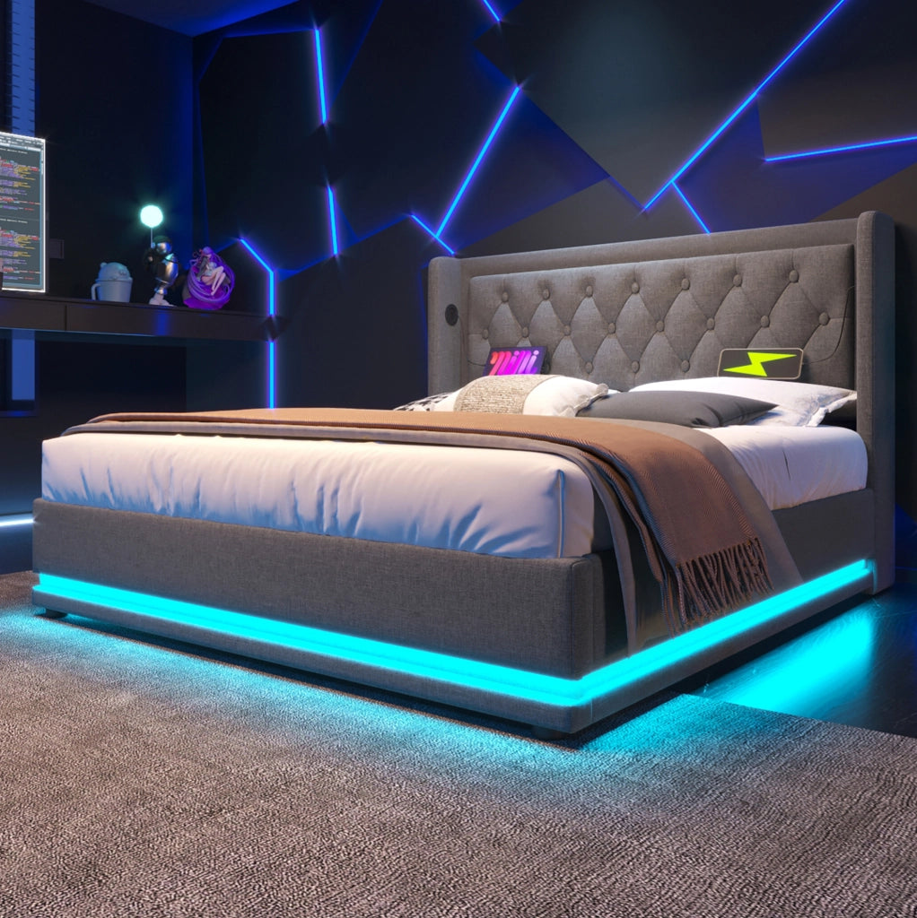 Letto matrimoniale 140x200 cm in cotone; grigio; con contenitore idraulico; LED e USB-C