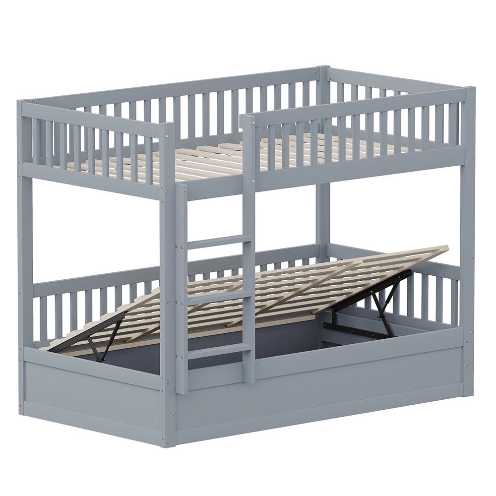 Letto a Castello/Cucce Bambini – Xylo – 90x200cm Legno Massello, Sollevamento Idraulico, Grigio, Robusto
