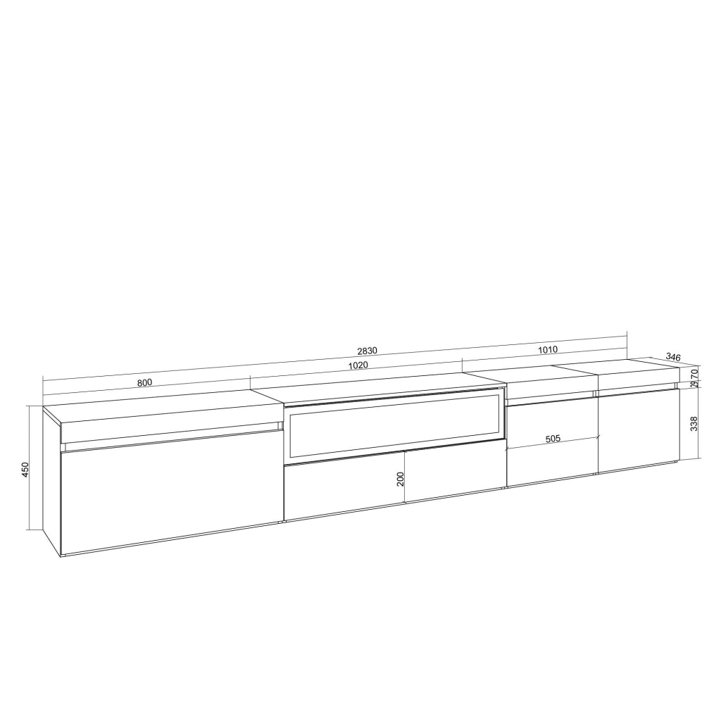 Mobile TV Soggiorno, 288x45x35 cm, TV di grande formato, Camino elettrico, Bianco e Rovere soft