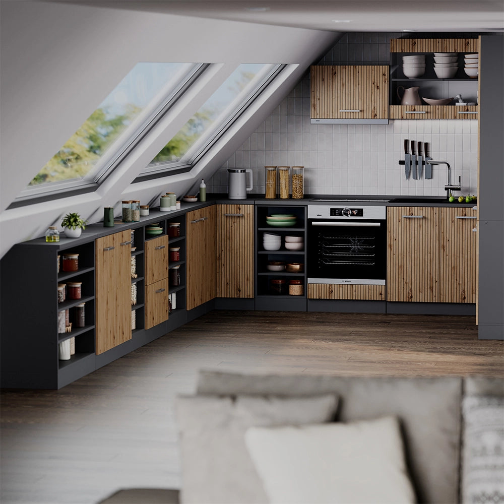 Mobile cucina sottotetto R-Line Rovere artigianale/Antracite 60 cm con 2 porte, carcassa 60 cm profondità Vicco