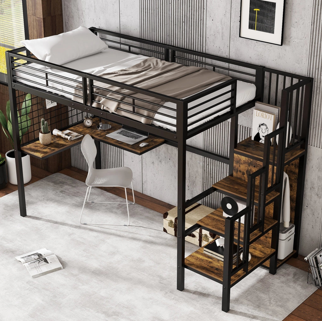 Letto a soppalco 90x200 cm con armadio e tavolo