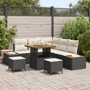 Set Divano Giardino  8 Pezzi con Cuscini Nero Polyrattan Acacia