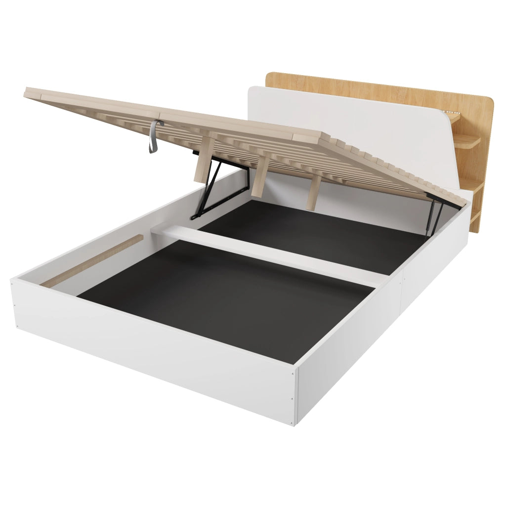 Letto a pannello - Zephmum - 140x200cm - Bianco+Naturale - Idraulico, USB-C, LED, App, Multifunzionale