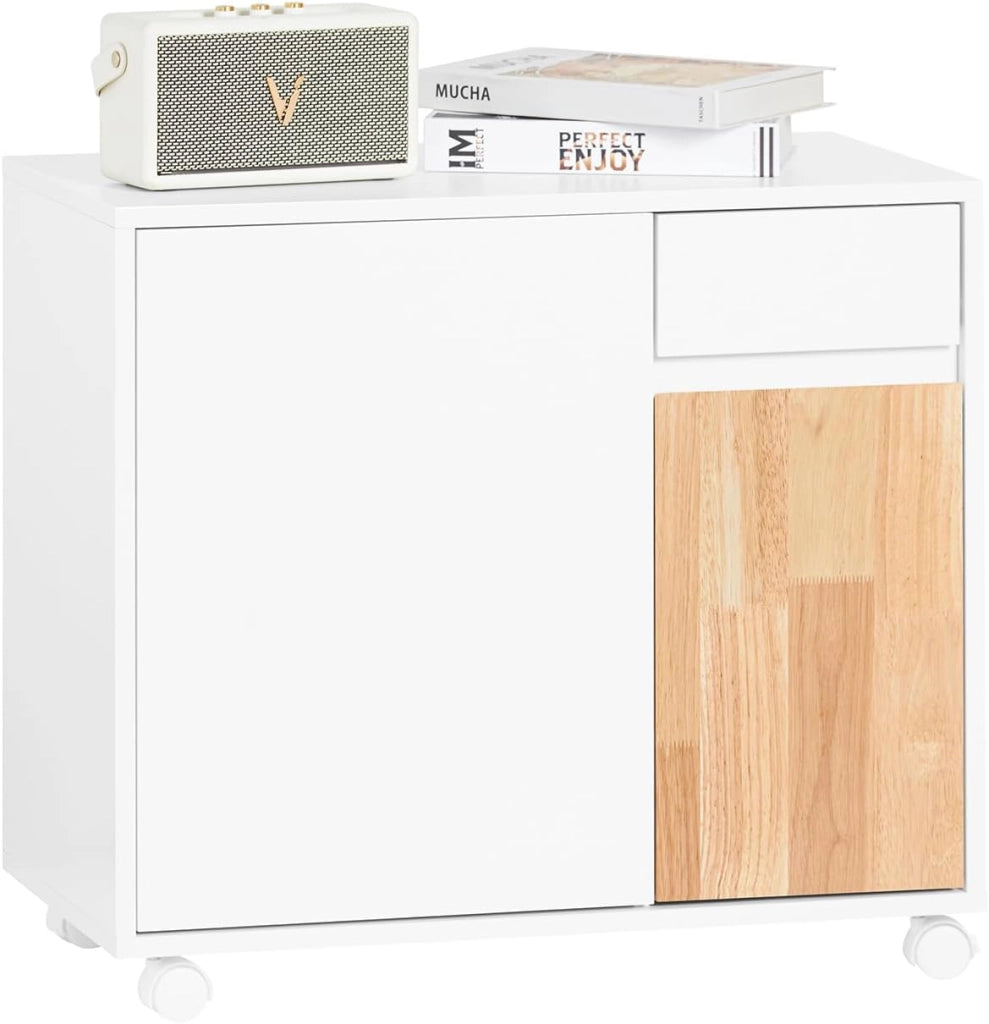 Carrello da ufficio Carrello Portaoggetti con Cassetto Tavolino stampante Bianco-Naturale 65x35x58cm ASK04-WN
