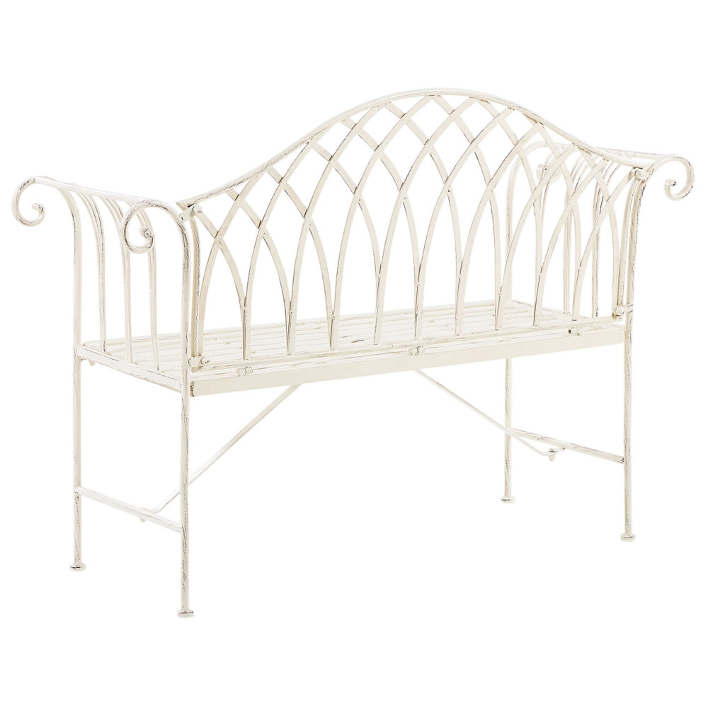 Panca da giardino per esterni in metallo bianco 2 posti 130 cm con braccioli svasati in stile vintage