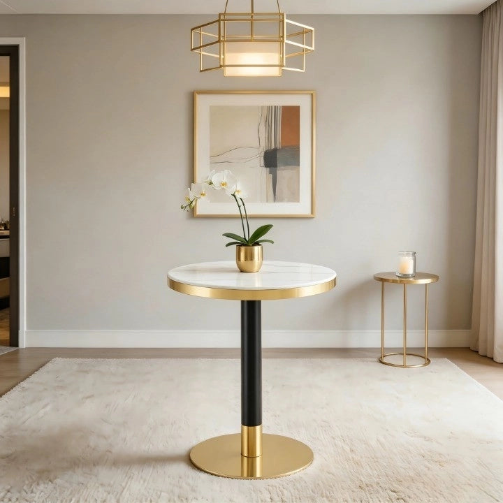 Tavolino basso rotondo con piano effetto marmo, bordo dorato e base in metallo, per soggiorno, bianco, 60 × 73,7 cm
