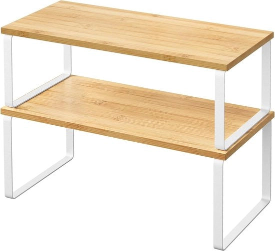 Set di due organizzatori per spezie, ripiano per cucina, scatola del mobile espandibile piccolo, sovrapposto, materiale metallico e legno, bianco nuvolato naturale beige - KCS200W01