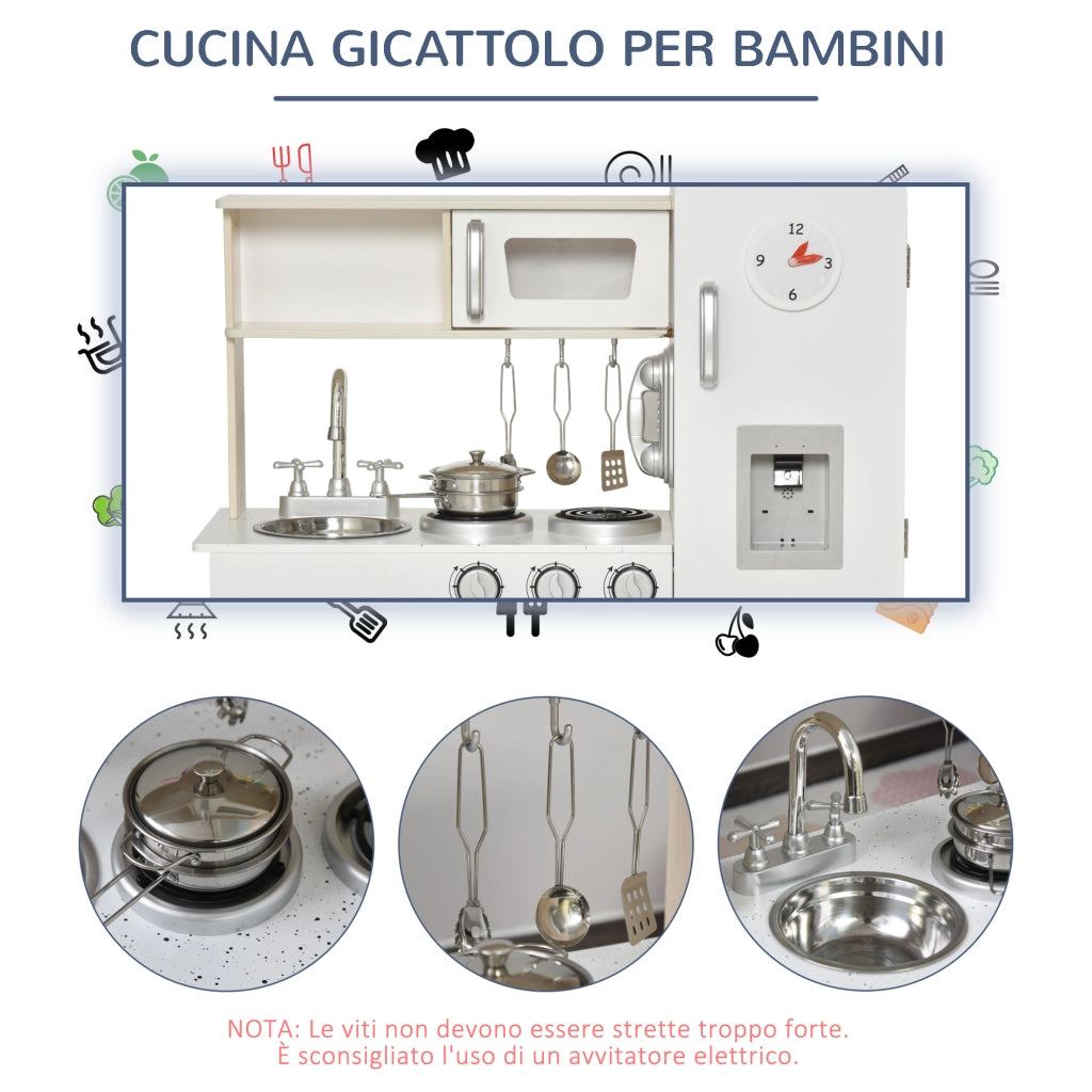 EasyComfort Cucina Giocattolo in Legno per Bambini con Lavandino e Fornelli, Pentole e Utensili in Acciaio, 74x30x81cm, Bianco