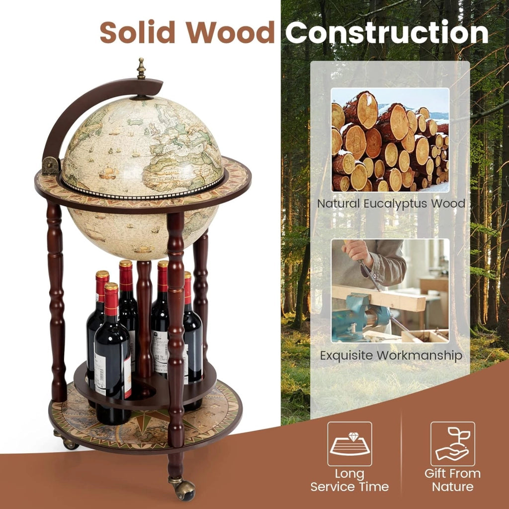 Portavino a Mappamondo, Portabottiglie a Forma di Mappamondo, Scaffale per Vino con Ruote,Porta Liquori Stile Retrò, Supporto per Bottiglia in Legno, 88 x 45 x 45cm