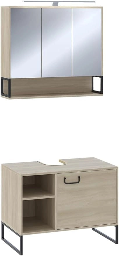 Set di mobili da bagno Vionna, Quercia/nero, 80 cm, composto da mobile sottolavabo, specchiera e mobile medio