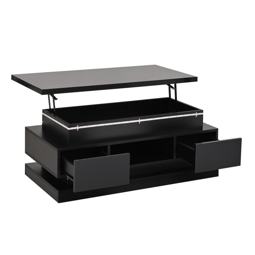 Tavolino basso sollevabile con LED, 2 cassetti e vano contenitore nascosto, per soggiorno, nero, 100 × 50 × 40 cm