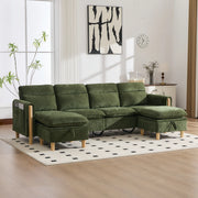 Divano panoramico a U modulare con contenitori e tasche laterali in chenille verde per famiglia 261 × 77 × 86 cm