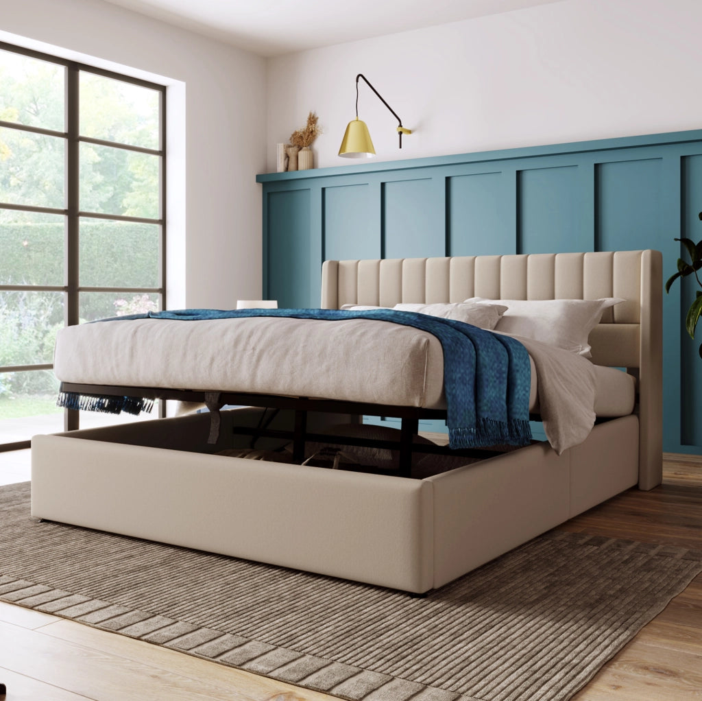 Letto contenitore imbottito beige 160x200 cm con sollevamento idraulico