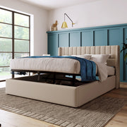 Letto contenitore imbottito beige 160x200 cm con sollevamento idraulico