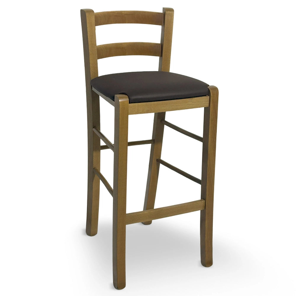 Sgabello in legno noce chiaro con schienale h 66cm con seduta similpelle marrone
