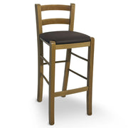 Sgabello in legno noce chiaro con schienale h 66cm con seduta similpelle marrone