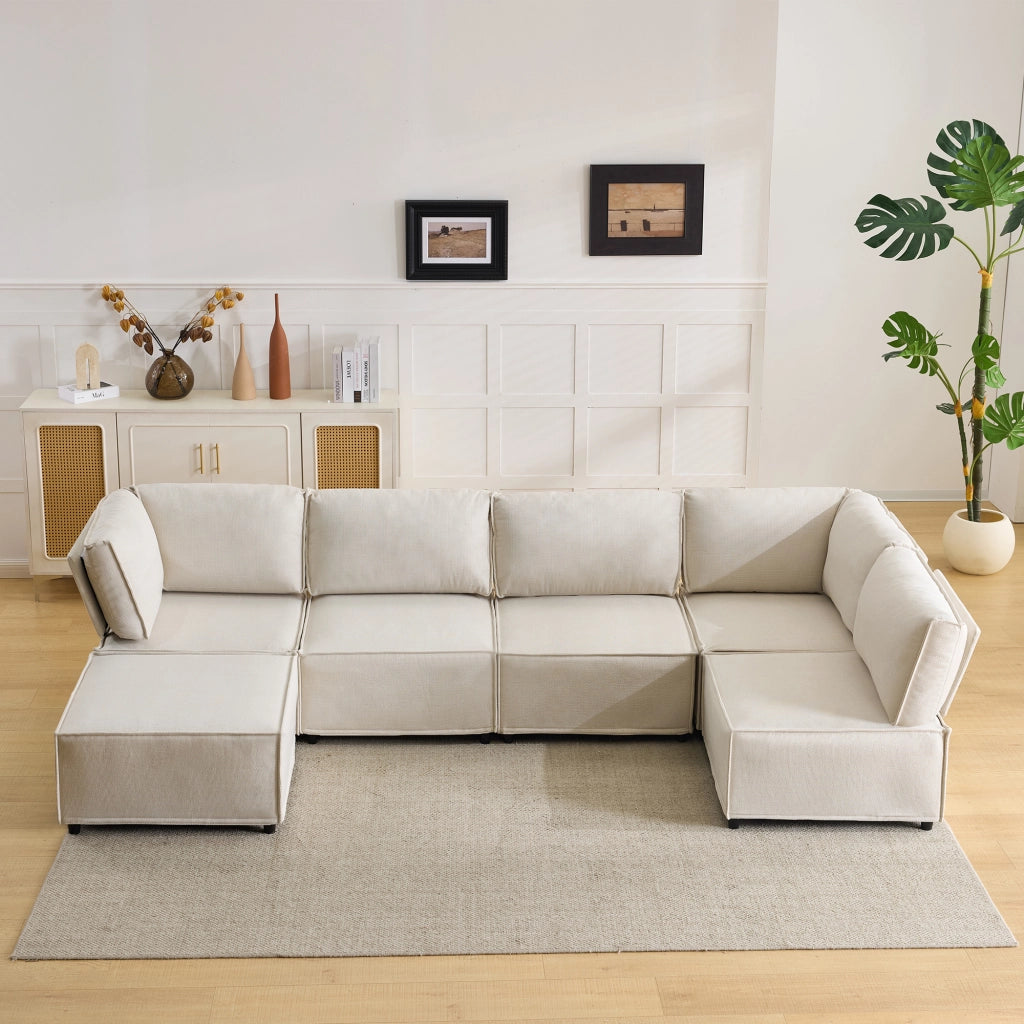 Divano angolare modulare - componibile con configurazione flessibile - in tessuto e legno - beige