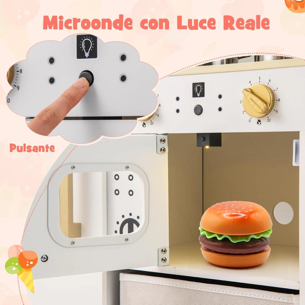 Cucina Giocattolo con Macchina del Ghiaccio e Microonde con Luce, Cucina per Bambini in Legno con 2 Lavagne, Lavandino e Cassetto in Tessuto, Set Cucina con 9 Accessori, 86 x 27 x 83 cm