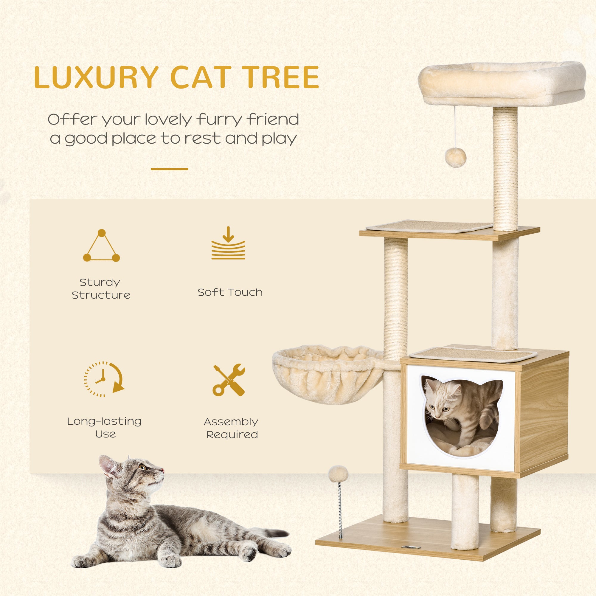 Tiragraffi per Gatti con 2 Pali Casetta e Lettini 48x40x126 cm in Legno Peluche e Sisal Beige