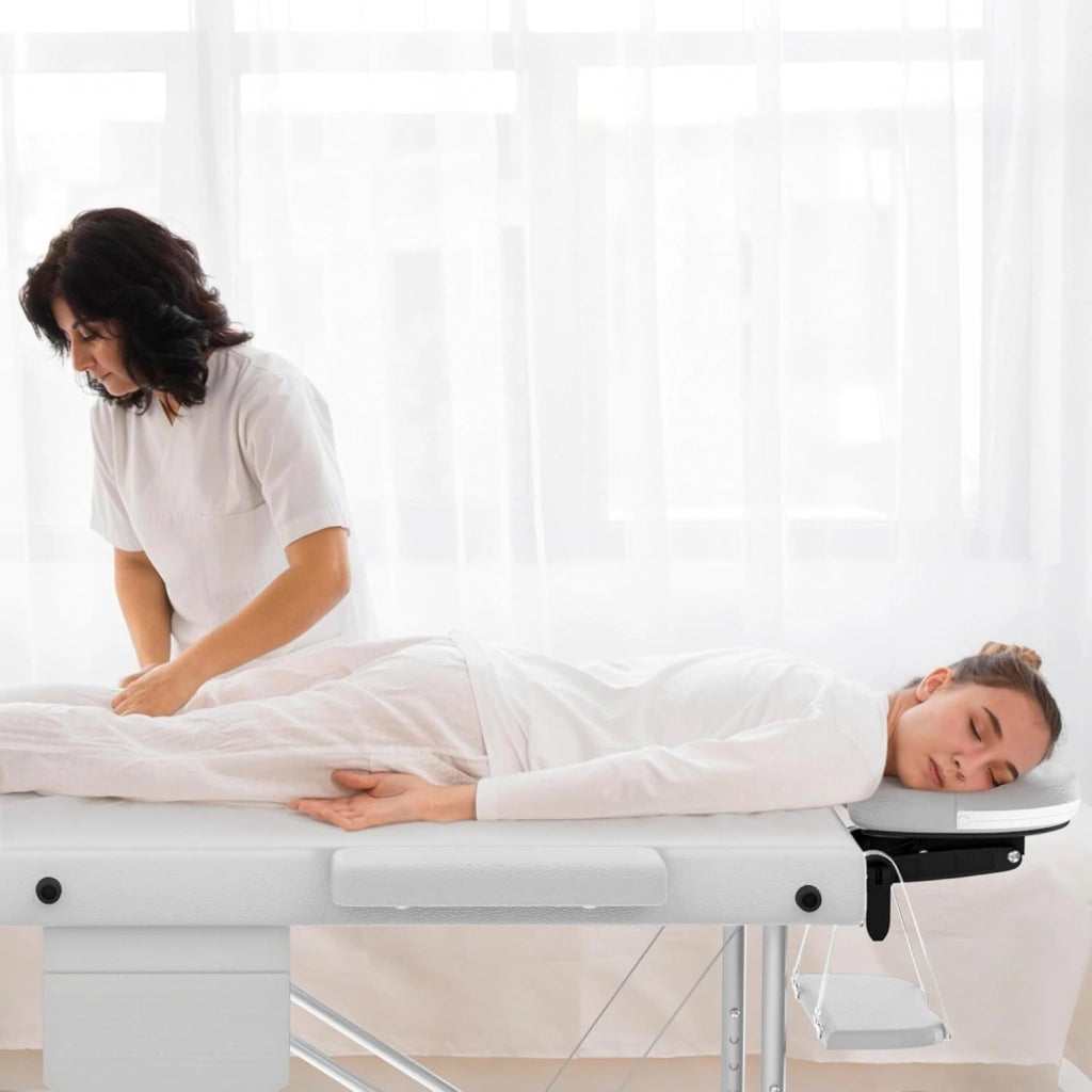 Lettino massaggiante pieghevole a 3 zone, altezza regolabile con braccioli, cuscino viso e custodia, in alluminio, colore: bianco