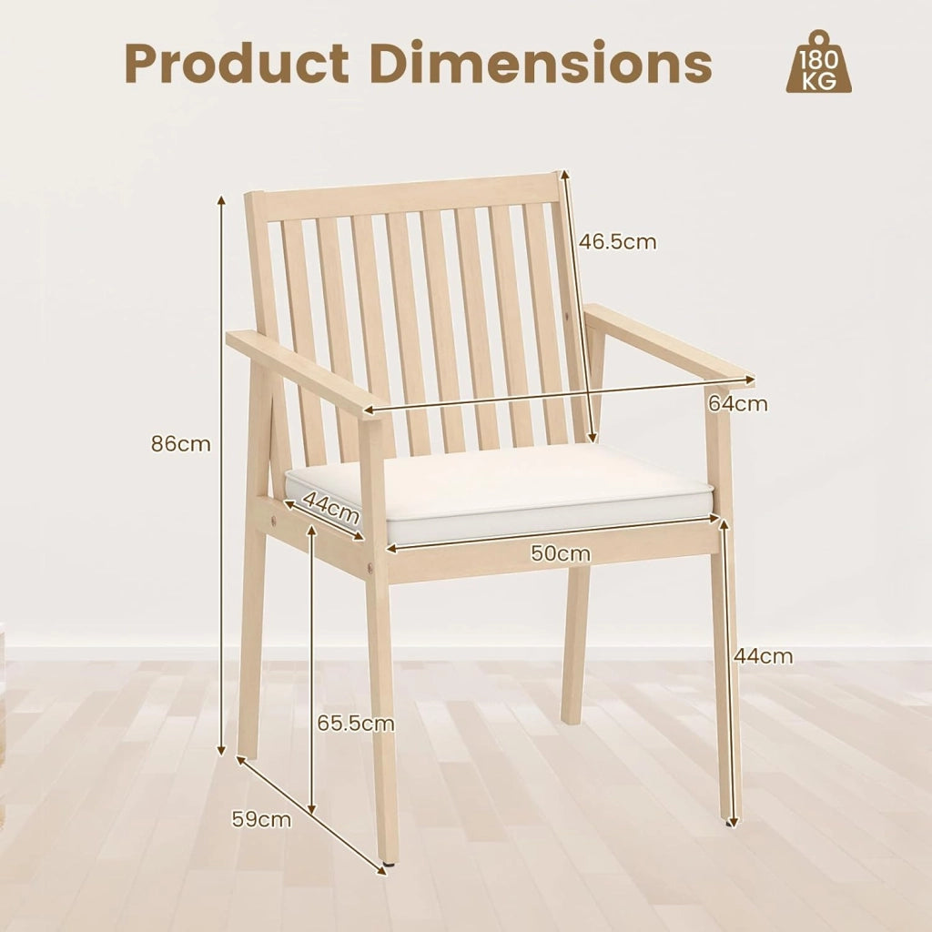 Set di 2 sedie da giardino in legno di acacia con cuscino imbottito, braccioli e piedini regolabili, sedia da cucina fino a 180 kg, per patio e terrazza, 64 x 59 x 86 cm (beige)