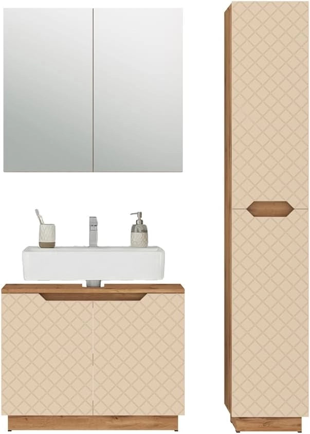 Set di mobili da bagno Lotta, Rovere/cashmere con struttura in piastrelle, 3 parti