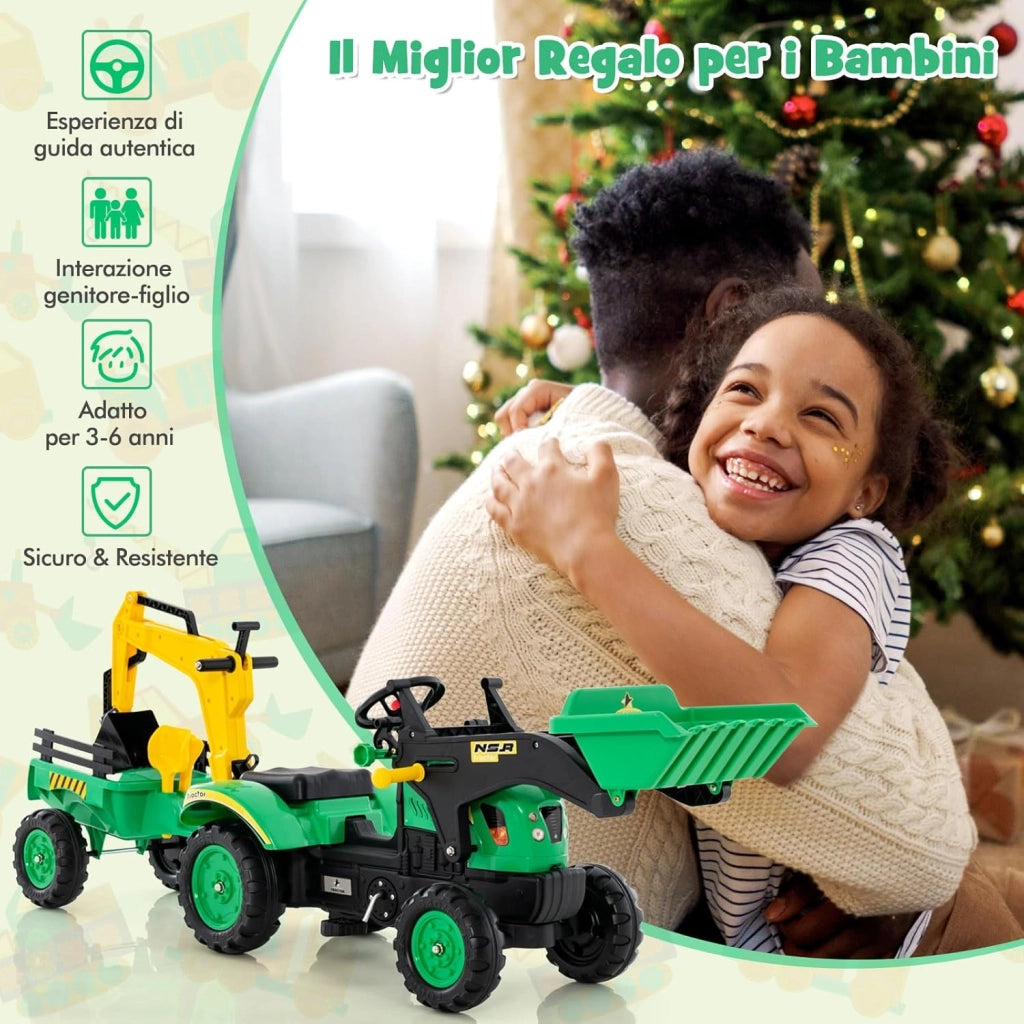 3 in 1 Escavatore per Bambini, Trattore con Rimorchio Staccabile Cavalcabile per Bambini, con 6 Ruote e 2 Benne, per Bambini 3-6 Anni (Verde)