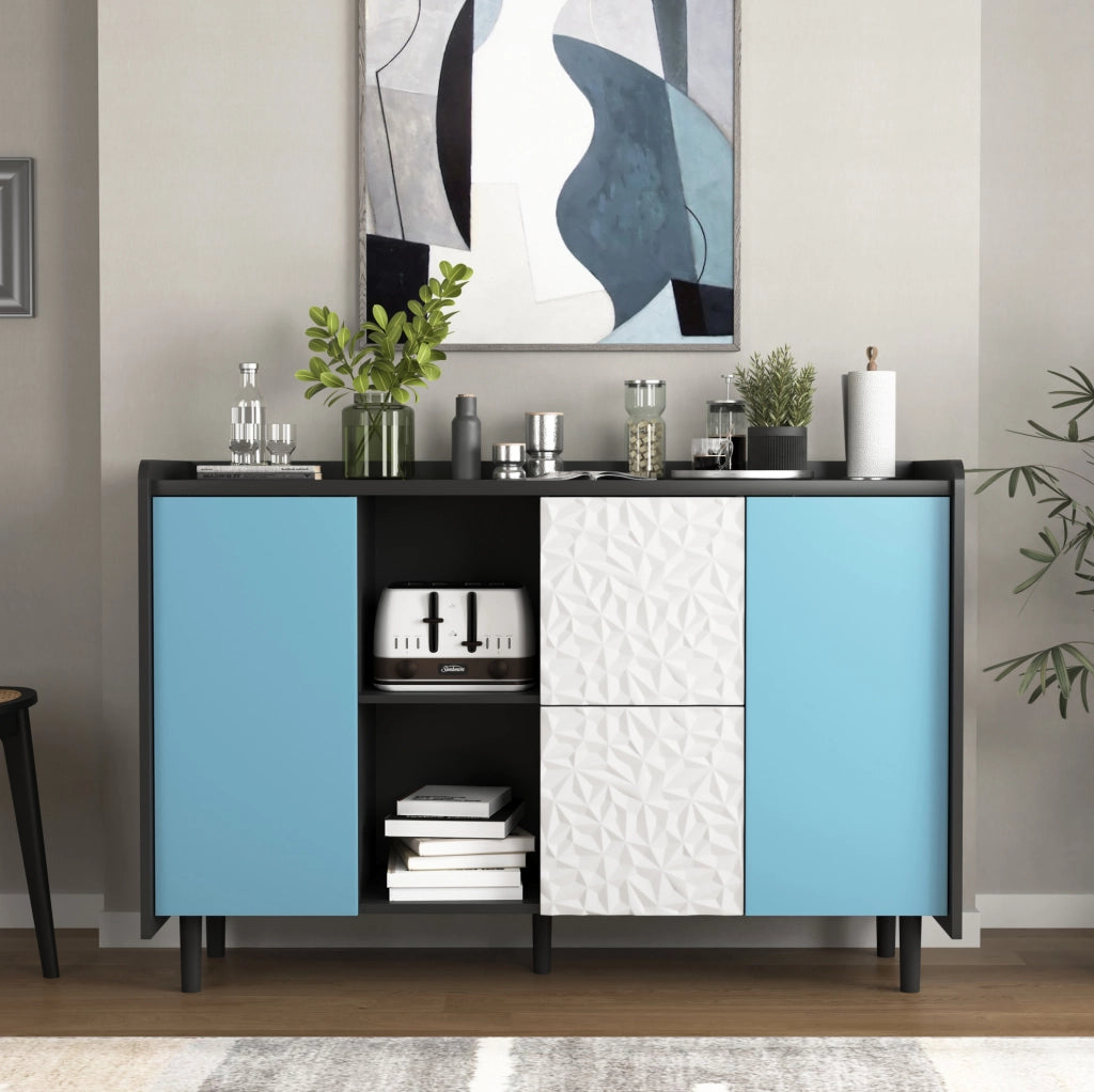 Credenza 120x40x80 cm con 2 cassetti e vano chiuso; MDF nero e blu