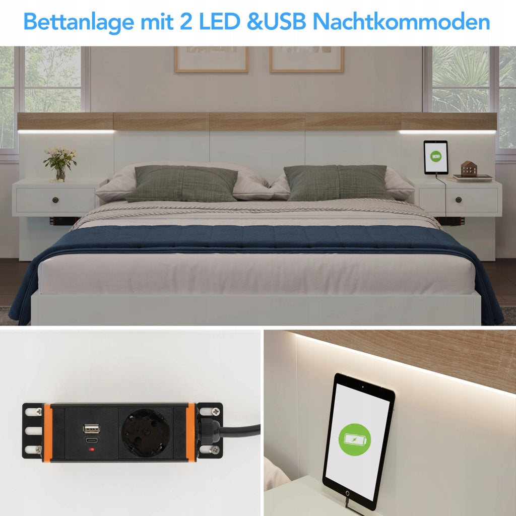 Letto matrimoniale con 2 tavoli e USB - Xylo - 160x200 - D?b Bia?y