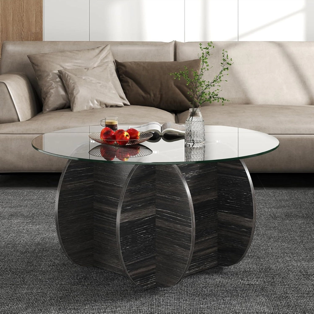 GIANETX Tavolino rotondo da caffè con piano in vetro temperato, telaio in legno incrociato, vano nascosto, mobile moderno per soggiorno, ufficio, 89 x 89 x 46 cm