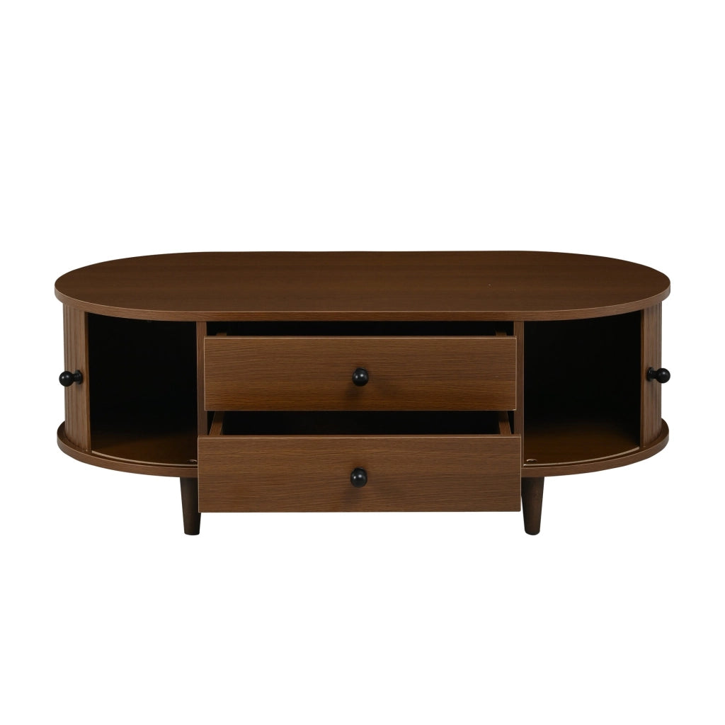 Tavolino, ante scorrevoli, 2 cassetti, in MDF, gambe in legno, 100 x 50 x 36 cm, color noce
