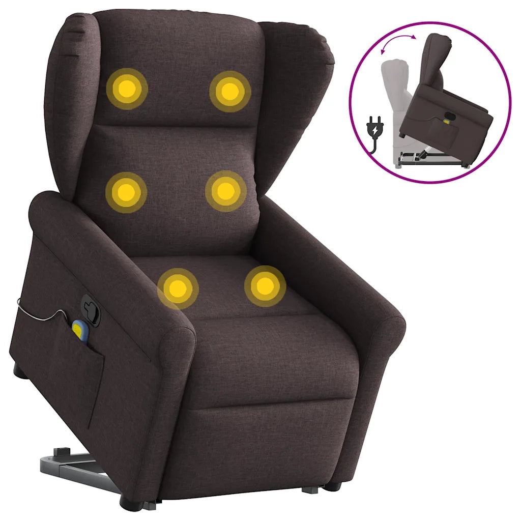 vidaXL Poltrona Alzapersona Massaggi Reclinabile Marrone Scuro Tessuto