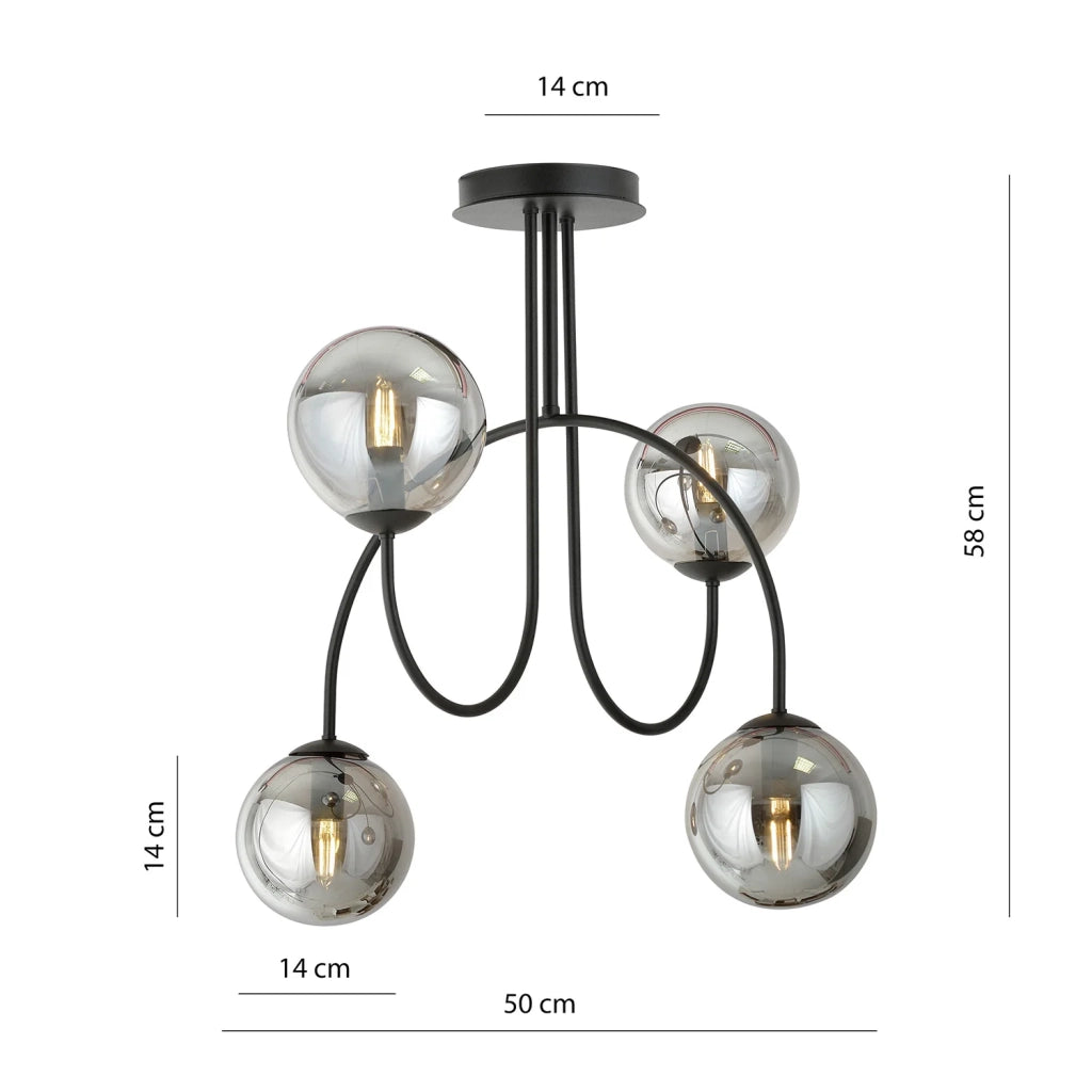 Plafoniera Moderna Utu 4 Luci In Acciaio Nero E Vetro Fumè 50 Cm