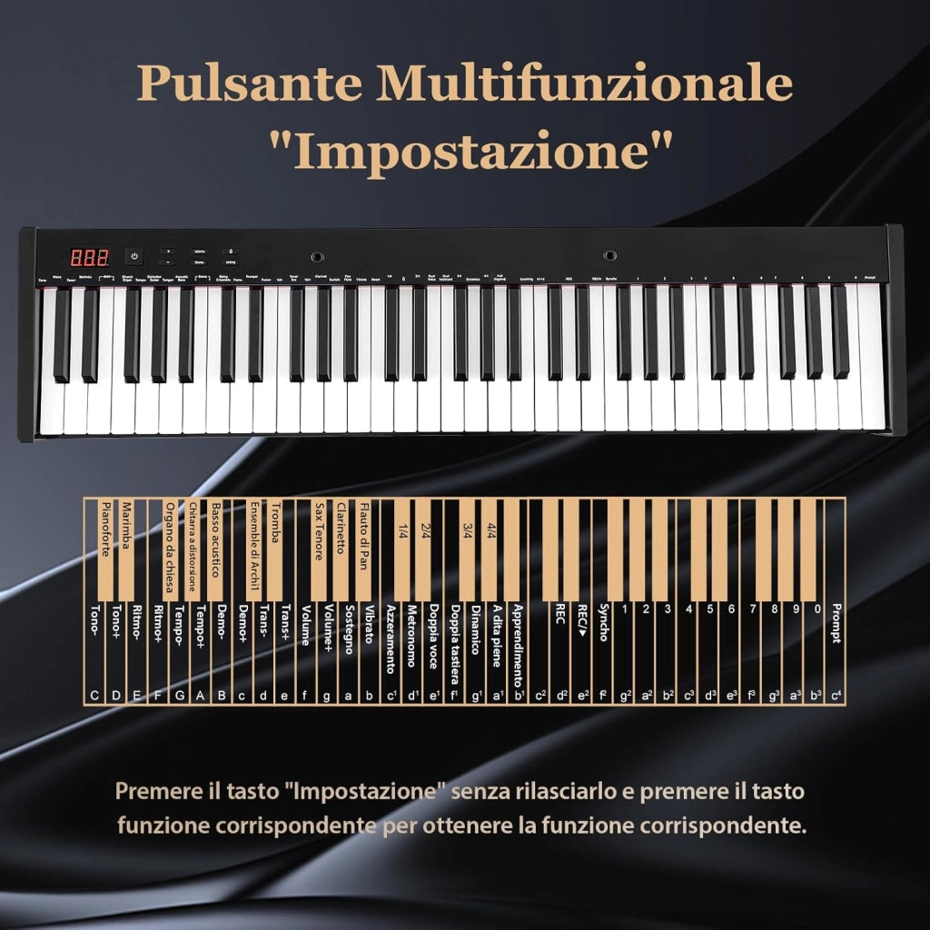 Set Pianoforte Digitale 61 Tasti, Tastiera Musicale con Sgabello Portatile, Pianoforte Elettronica con Supporto, Pedale Sustain, MIDI, USB e Funzione di APP Bluetooth