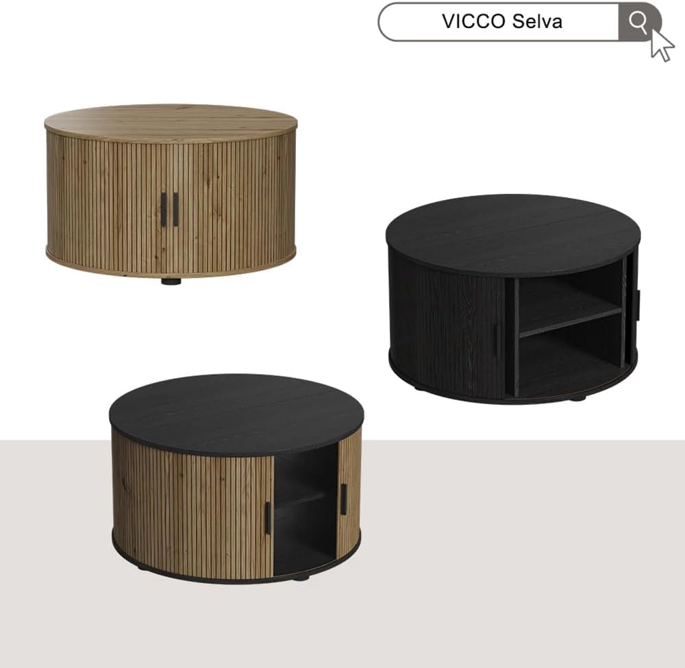 tavolino soggiorno Selva, Nero, 80 x 80 cm con porta scorrevole, con funzione lift e piano del tavolo regolabile in altezza