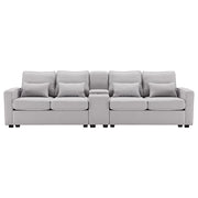 Divano 4 Posti con Consolle; 2 Portabicchieri; 2 Porte USB e Tasche Laterali in Lino Grigio 290 × 83 × 88 cm