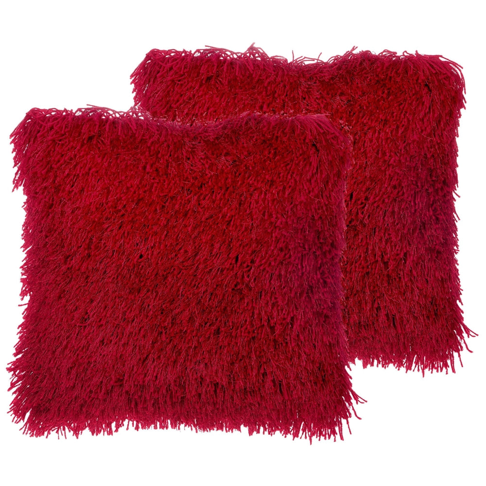 Set di 2 cuscini decorativi Fodera per cuscino in tessuto di poliestere rosso con inserto superficie pelosa 45 x 45 cm