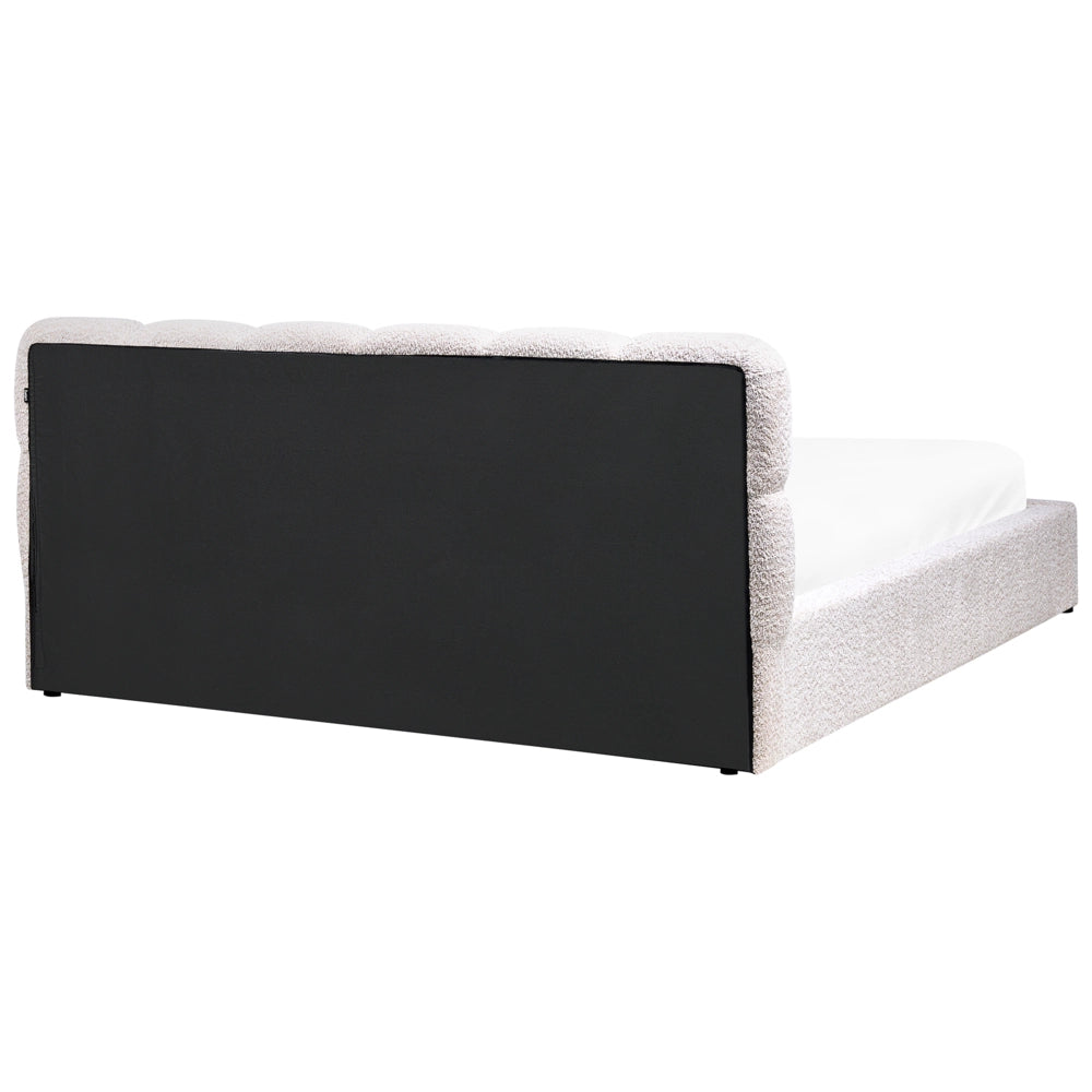 Letto King Size EU in tessuto bouclé beige chiaro 180 x 200 cm Struttura imbottita con testiera effetto biscotto e vano contenitore