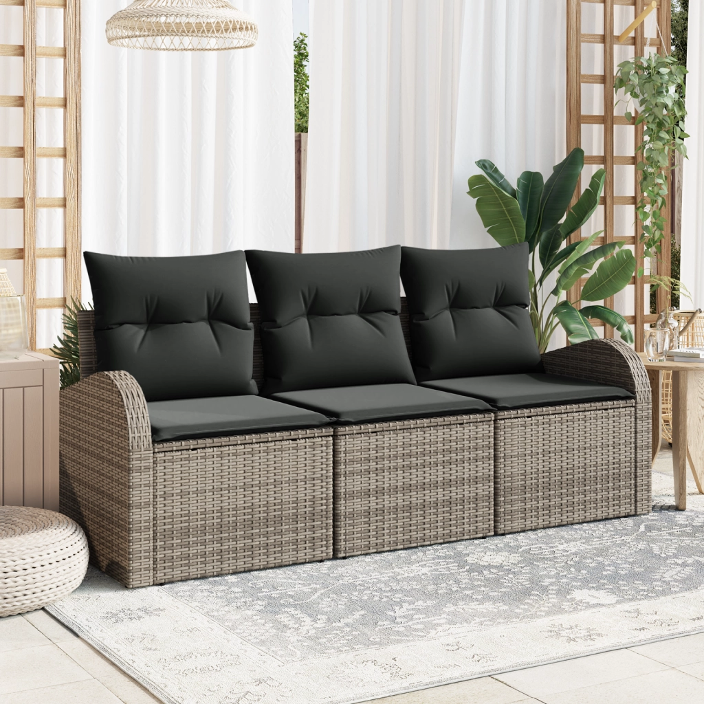 Set di divani da giardino a 3 pezzi con cuscini grigi in polyrattan