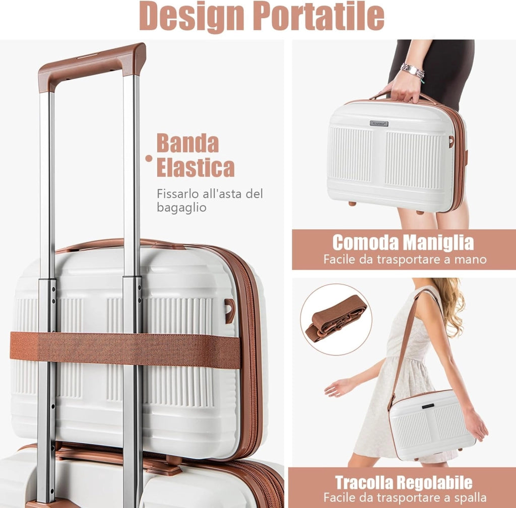 Set di Bagagli da 2 Pezzi, Valigia Trolley da 20" e Casetta da Trucco da 14" in Materiale PP Rigido Leggero con Lucchetto TSA, Porta USB e Ruote Girevoli, Bagaglio a Mano Espandibile (Bianco)