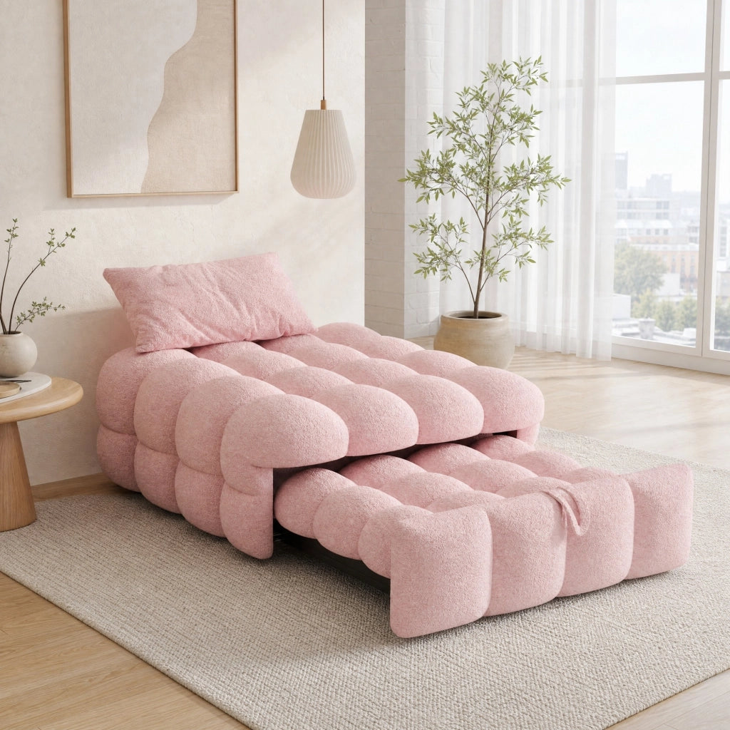 Pouf letto 2 in 1 trasformabile in divano; 183x76 cm; in tessuto Teddy rosa