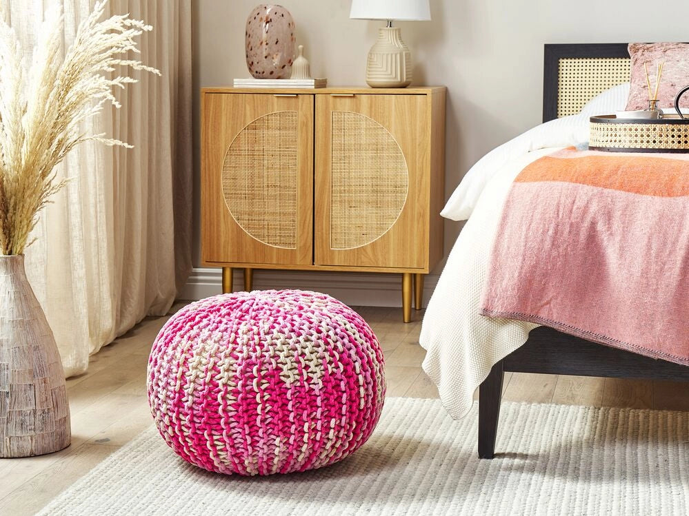 Pouf ottomana bianco e rosa pastello cotone lavorato a maglia perline EPS riempimento rotondo piccolo poggiapiedi 50 x 35 cm