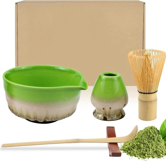Set di accessori per Matcha 5 pezzi: Tazza, Cucchiaio, Coperchio con beccuccio, Frusta e Set di tazze in ceramica (Verde perla)