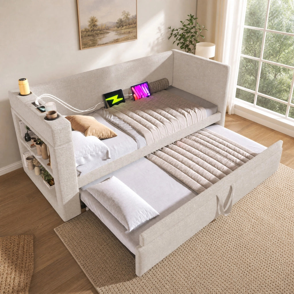Divano letto estraibile 90x190 cm beige con USB-C