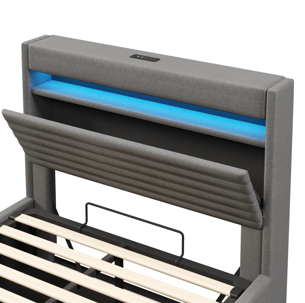 Letto matrimoniale contenitore 140x200 cm in lino grigio con LED e porte USB/Type-C HAVRYA