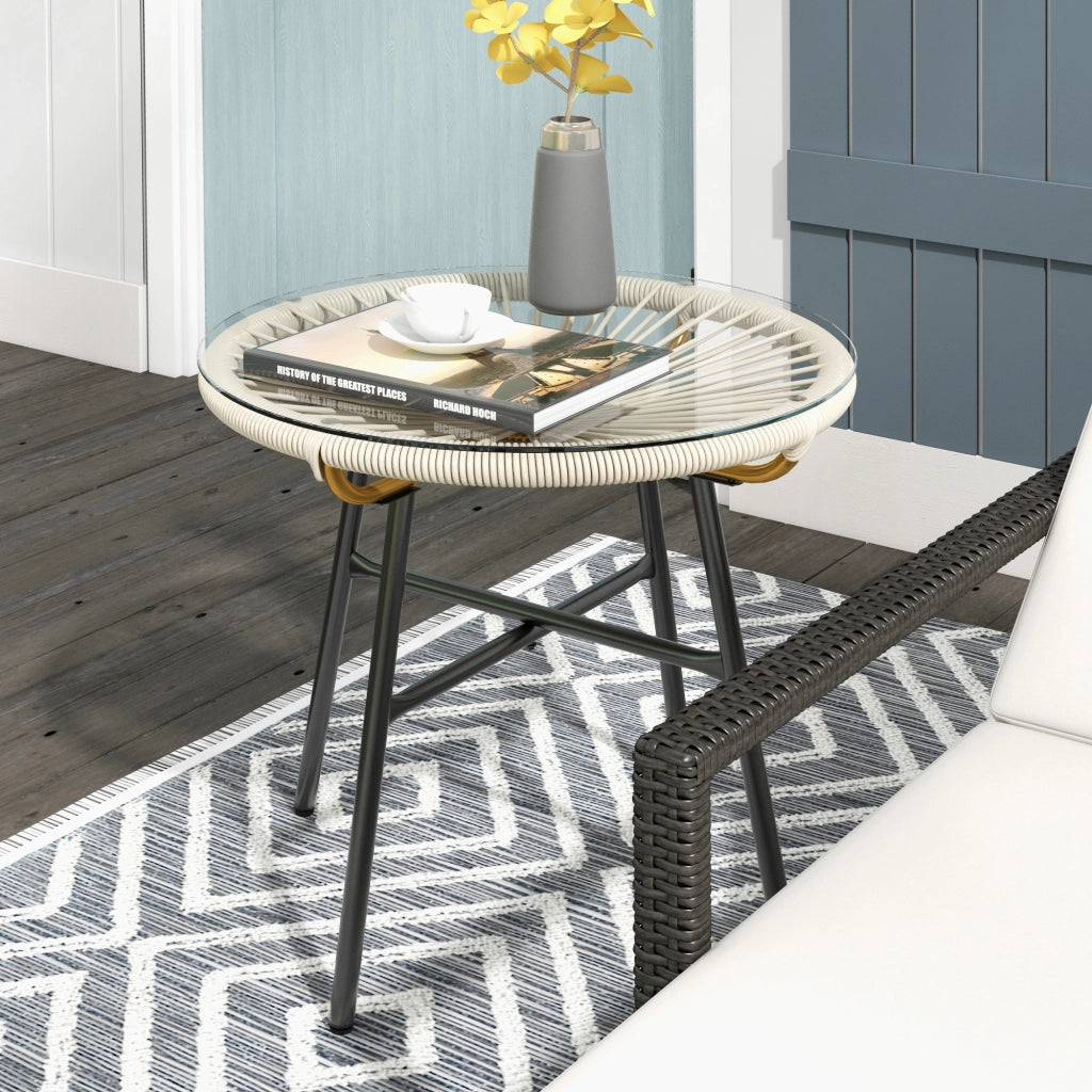 Tavolino da giardino rotondo in rattan sintetico con piano in vetro temperato ?50x50 cm ¨C Xylo ¨C Crema