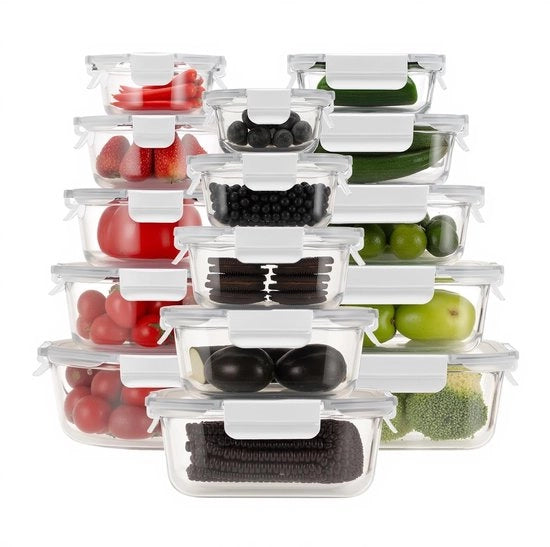 Set di contenitori in vetro per pasti, contenitori in vetro con set di coperchi, contenitori per alimenti in vetro con coperchi ermetici, resistente a microonde, congelatore e lavastoviglie, 15 pezzi, bianco