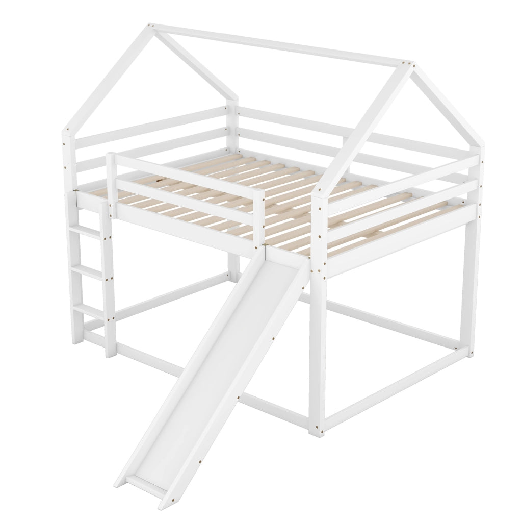 Letto a castello a casetta 140x200 cm con scivolo e scala; pino; bianco